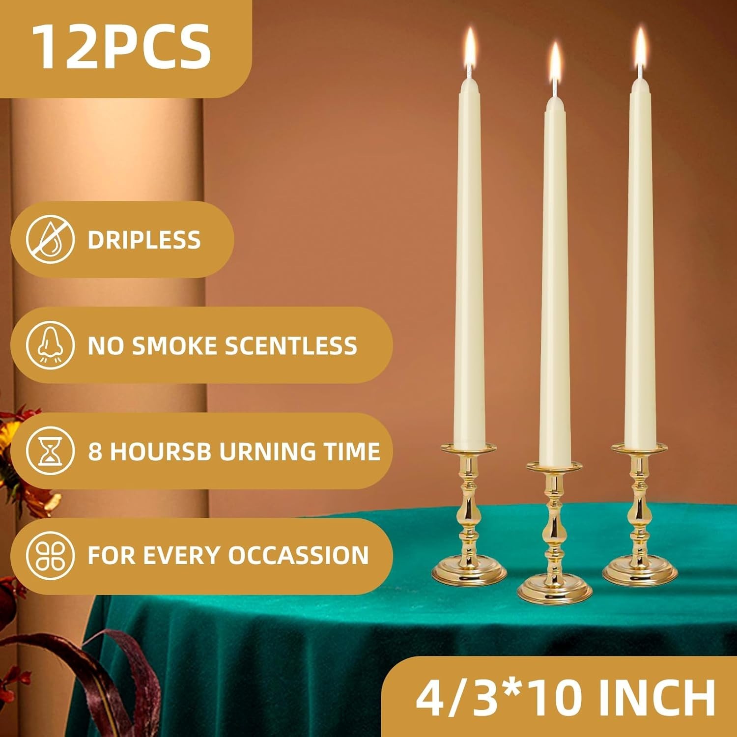 12 Pack Ivory Taper Candles – 10 Inch Dripless, Smokeless, Long-Burning Elegance