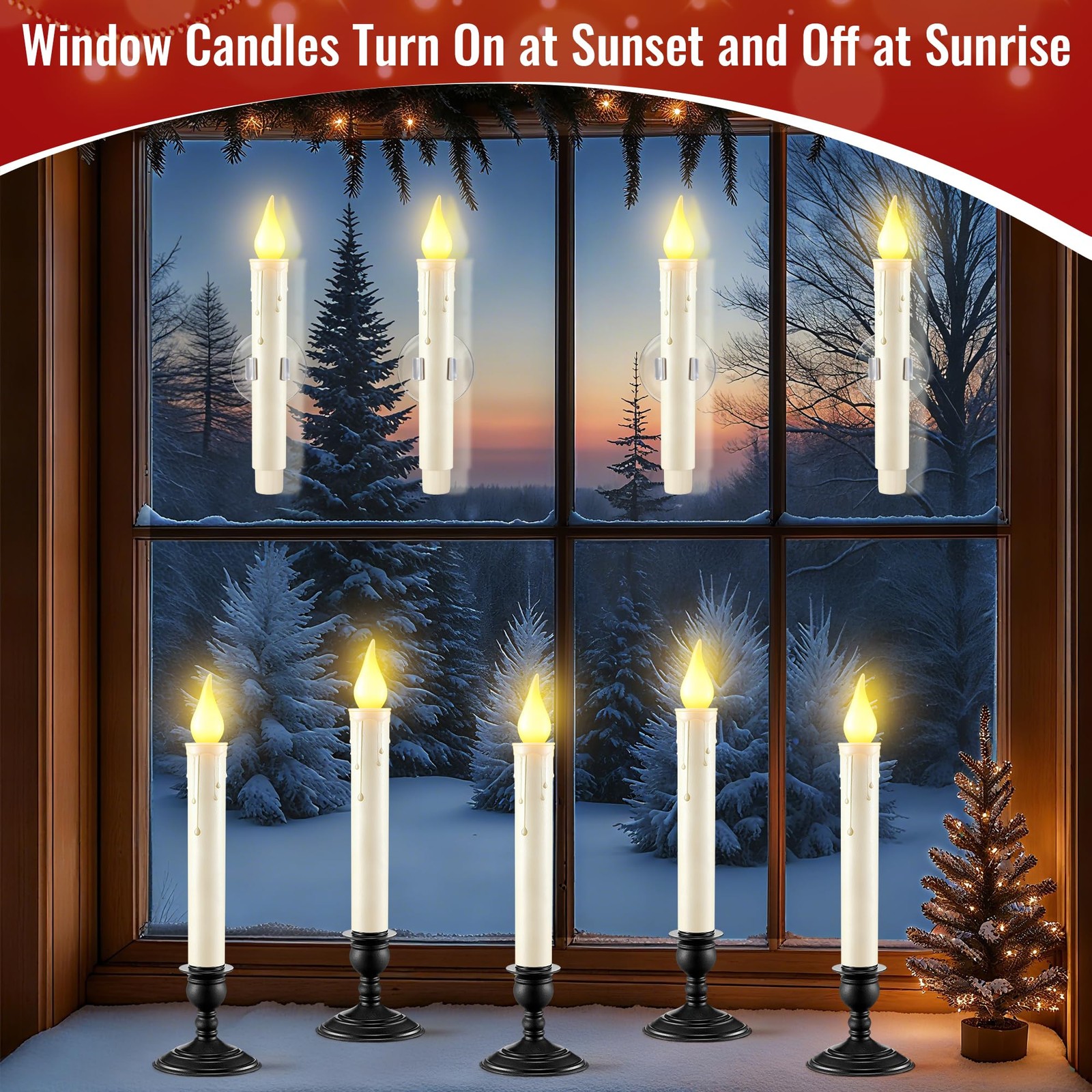 6 PCS LED Window Candle Dusk To Dawn Sensor Ivory Flameless Black Base