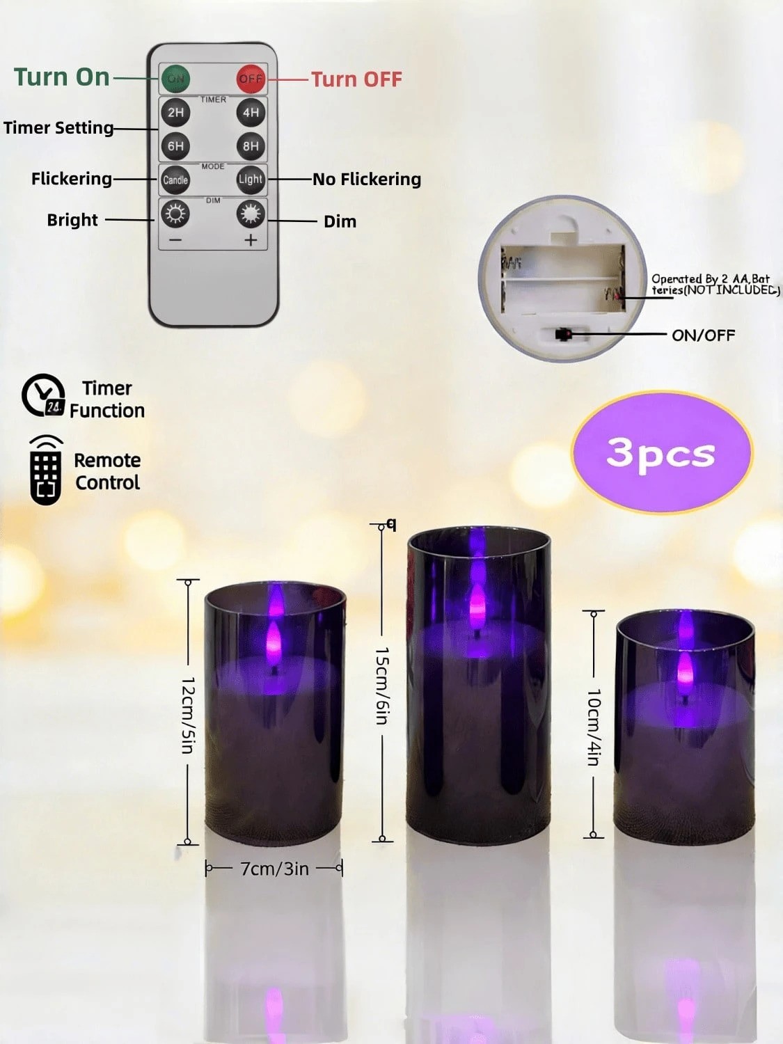 3PCS Black Flameless LED Candles Purple Light Remote Timer Halloween