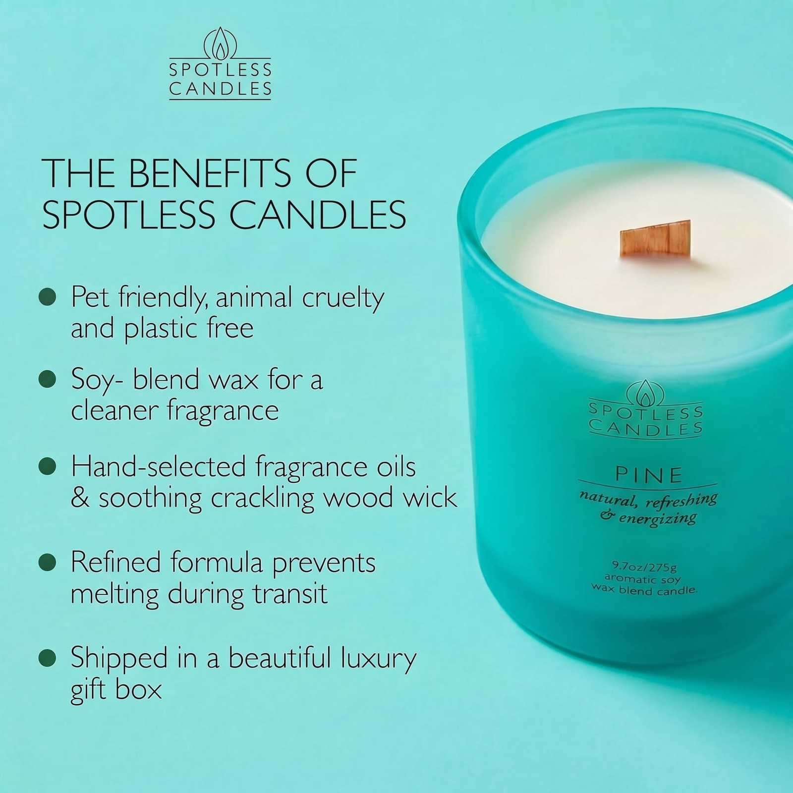 Pine Candle; 9.7 oz: 55 Hrs Burn Time, Soy Wax Teal Frosted Jar with Cracklin…