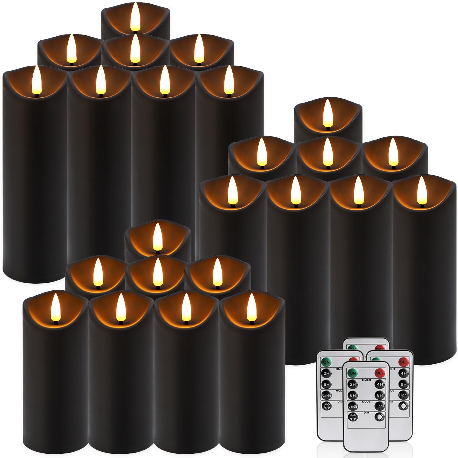 Set of 24 Flickering Black Flameless Candles, Battery Operated LED Pillar Can