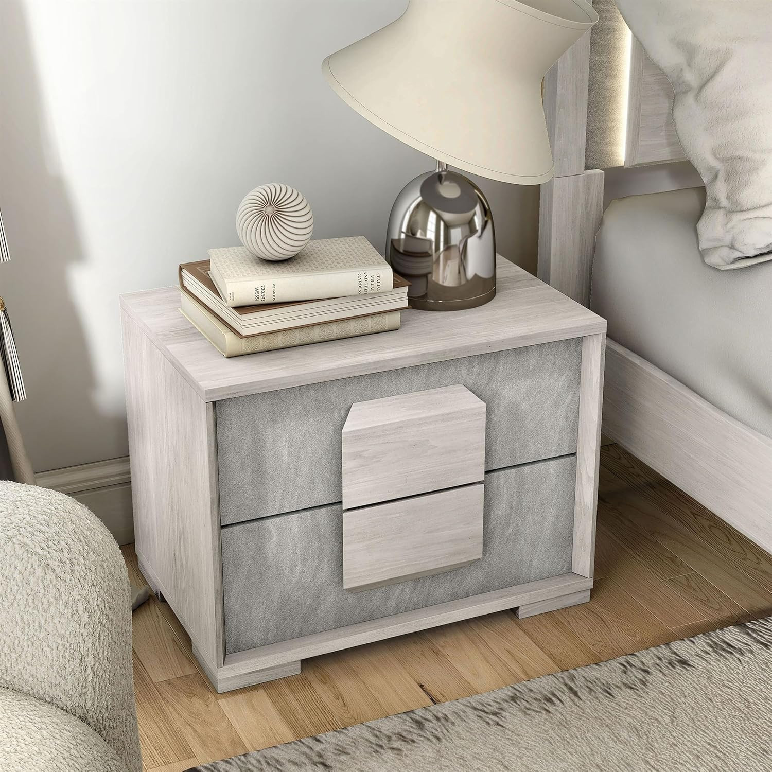 Dresen Modern Melamine Top 2-Drawer Nightstand, Wood Panel Handle Bedside Table