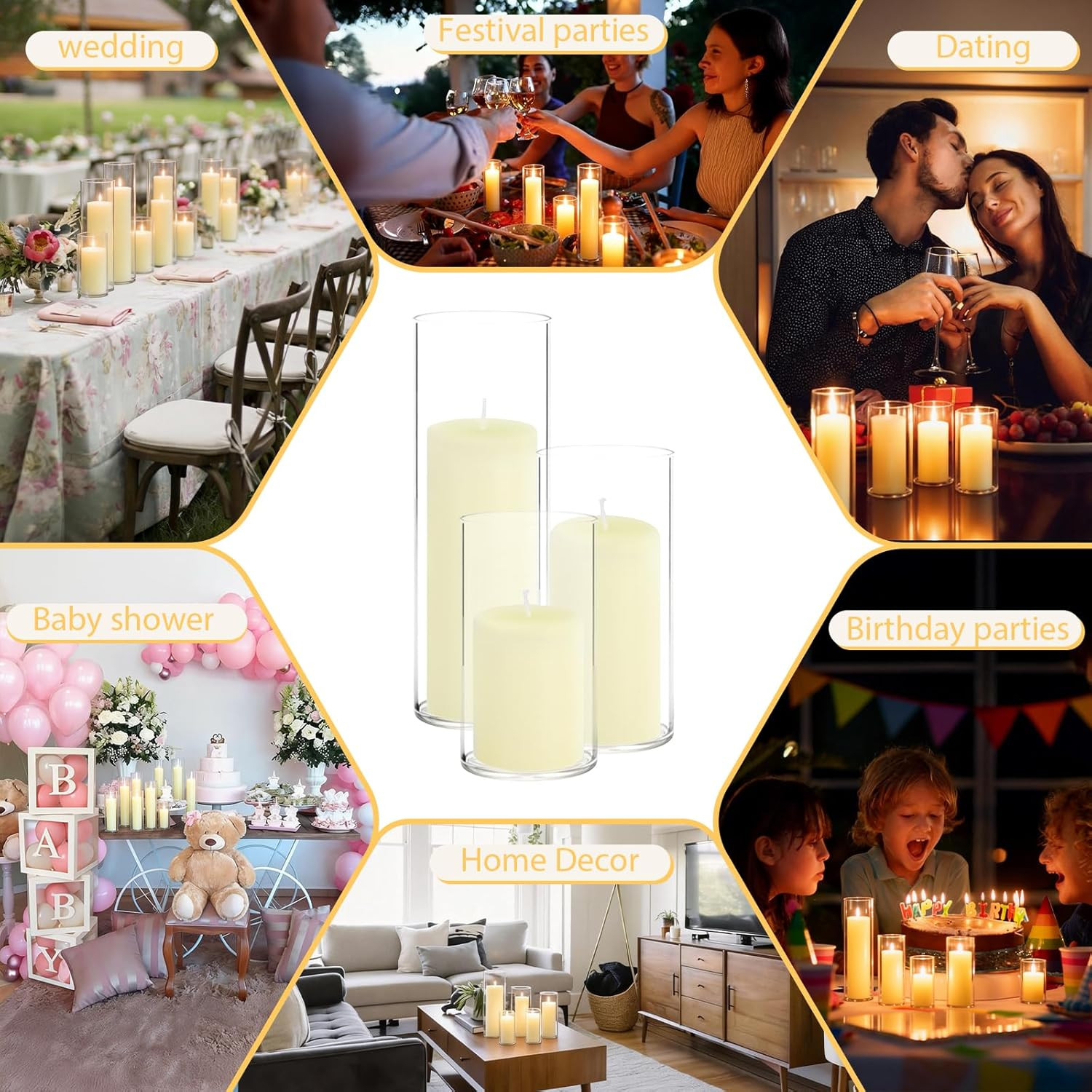 Ivory Pillar Candles & Glass Vases Set for Weddings & Events – 12 Pack