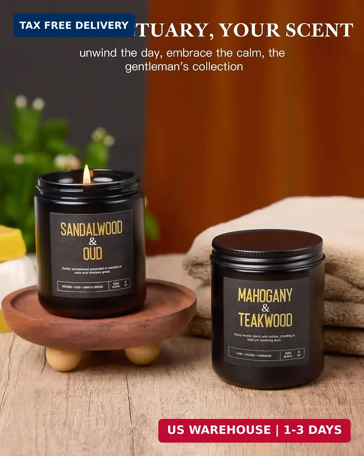 Men’s Candle Gift Set, 4 Pack Crackling Wood Wick Soy Scented Candles, 36oz M…