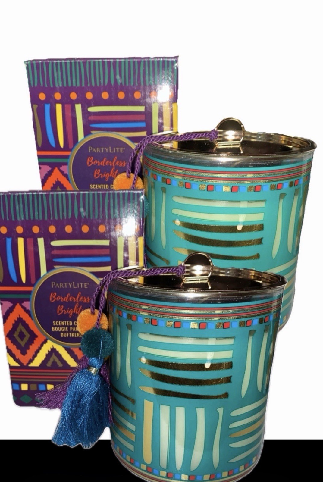 PartyLite Candles Qty 2 Borderless Brights Jars RED HINOKI WOOD Scented W/ Lid