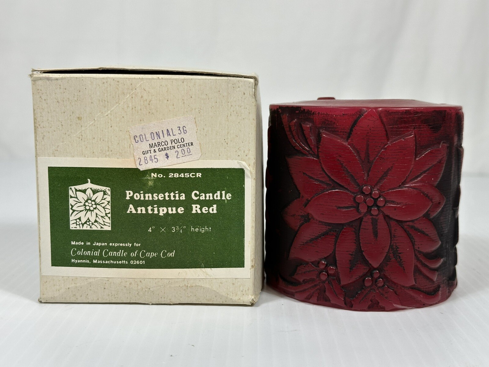 Vintage Poinsettia Pillar Candle Antique Red Floral Design Colonial Candle Box