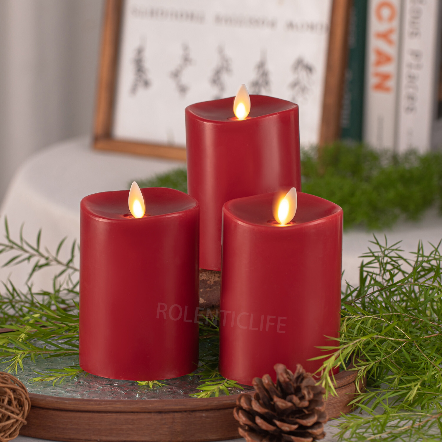 Luminara Real Wax Flameless Pillar Candles Red Moving Wick Timer Remote LED 3″