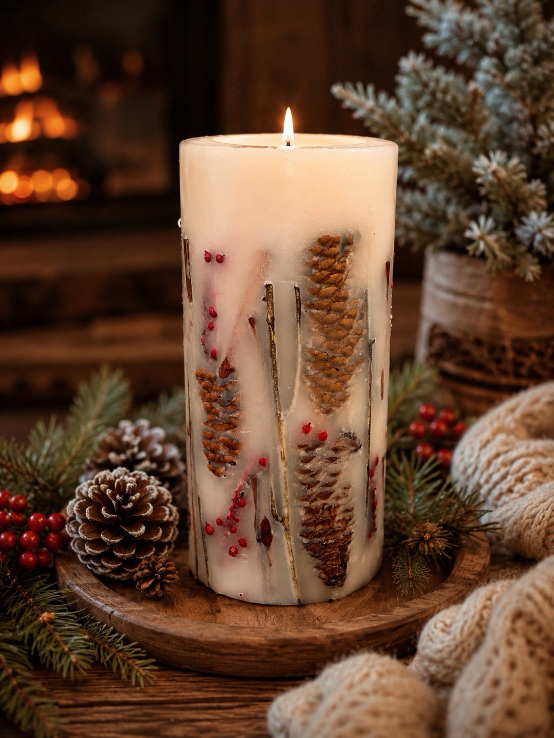 Pottery Barn Botanical Pillar Scented Candle Pinecone Berry Embedded Wax 4×8”