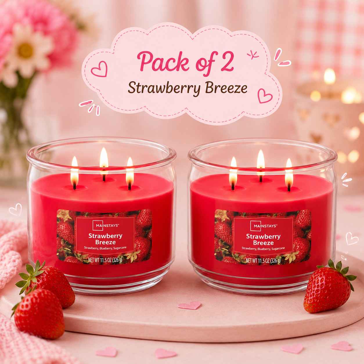 2 Pack Strawberry Breeze 3-Wick Scented Glass Jar Candle, 11.5 oz Free Ship