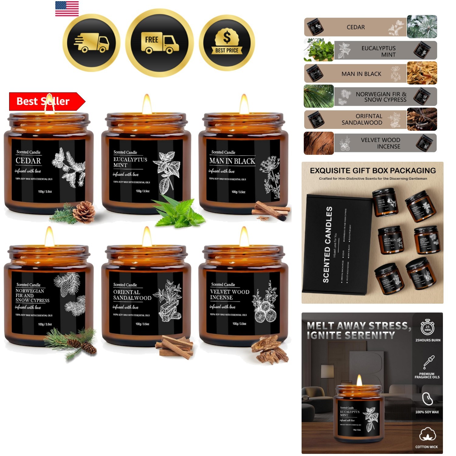 Scented Candles for Men | 6 Pack Candles for Home Scented, 150 Hour Burn Time…