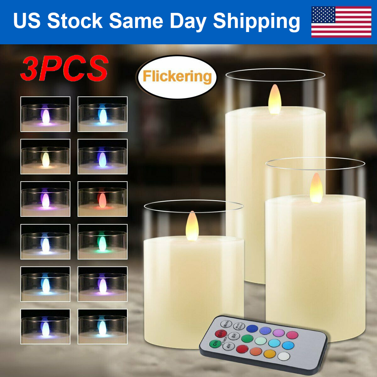 3Pcs Multi-Color Flameless LED Glass Candles Battery Remote Valentines Day Decor