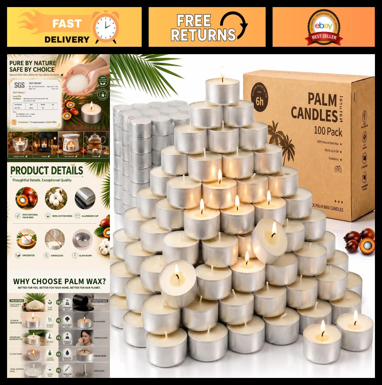 100 Pack Tea Light Candles – Long Burning 6-7 Hours, Bulk Tealights for Events