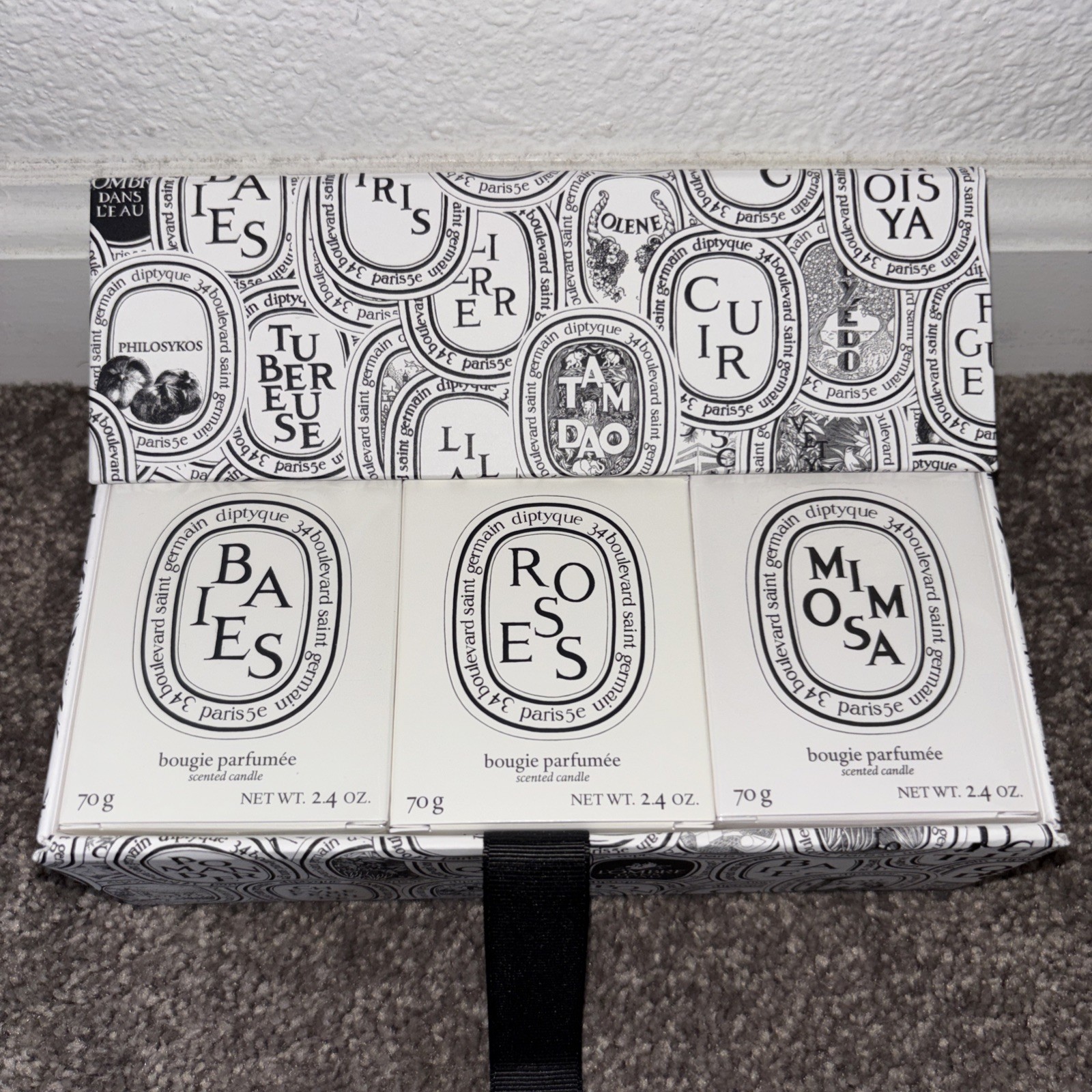 Diptyque Paris Mini Candle Gift Set Baies Roses Mimosa 3x70g W/ Dust Bag