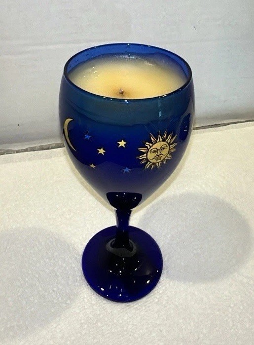 Vintage Celestial Sun Moon Stars Cobalt Blue Glass Vanilla Scent Candle 1990s