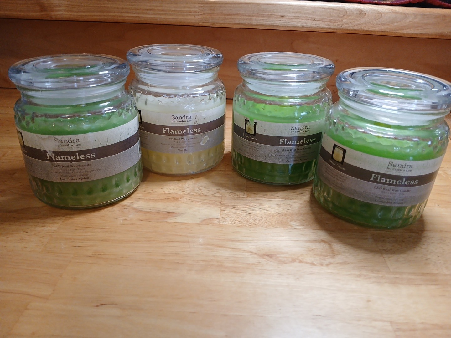 Green White Flameless Candles LED Real Wax Glass Jar 4pc Lot Battery Timer Set