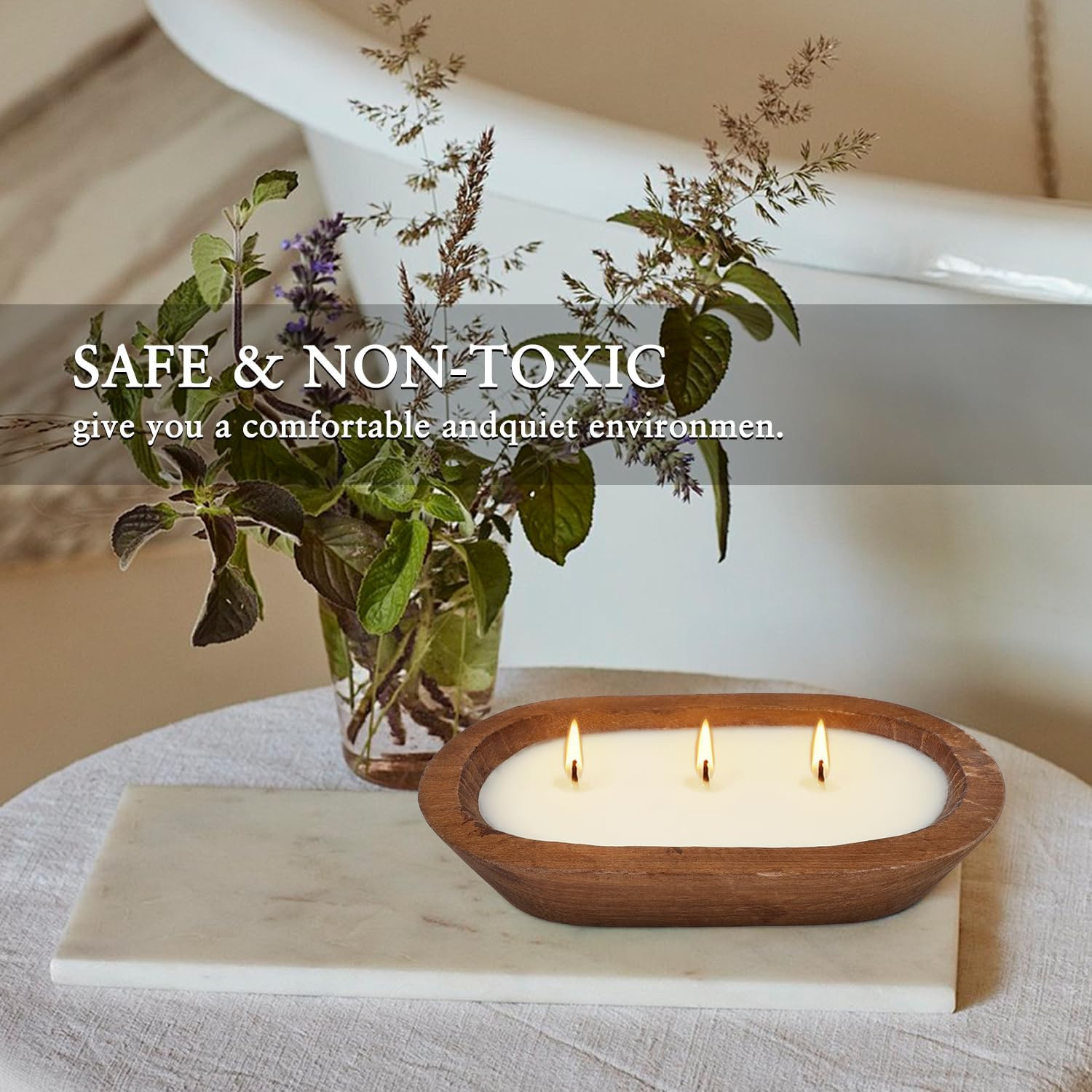 Citronella Scented 3-Wick Candle Oval Wood Bowl Candle, Clean Burning