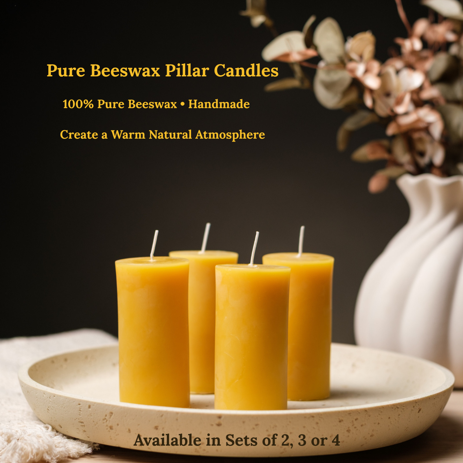 4 Pack 100% Beeswax Pillar Candles 2×4 in Unscented Natural Burn 140 Hours