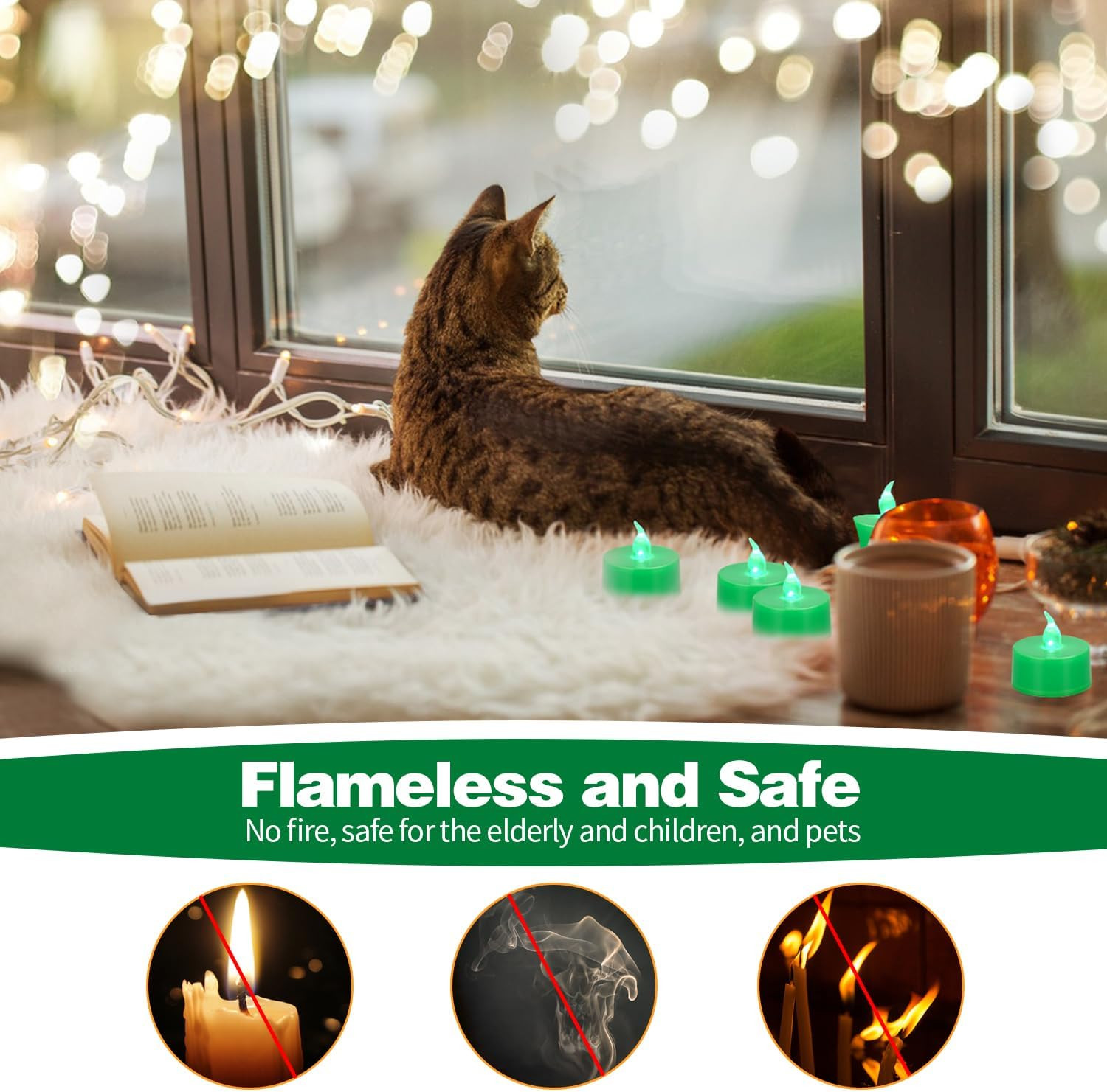 24 Pack Green Light Non-Flickering Flameless Tea Lights, Green Base, Last 100H+,