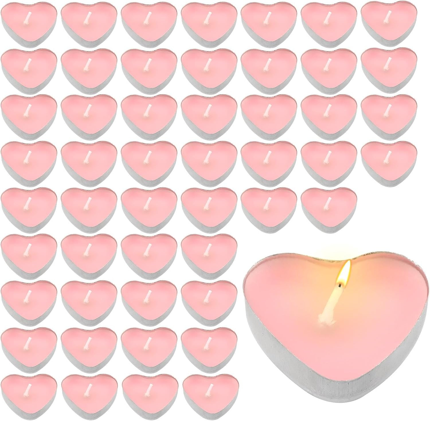50PCS Pink Heart Shaped Unscented Tea Light Candles 1.5-2 Hour Wedding Decor