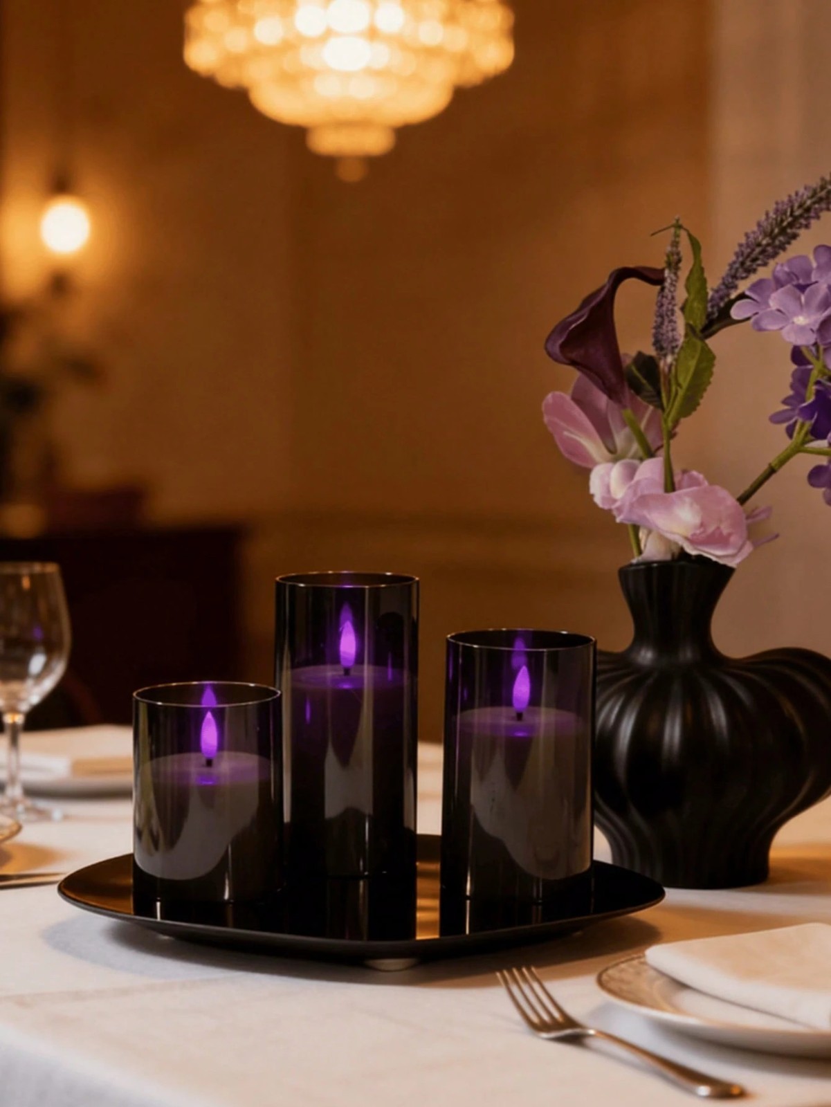 3PCS Black Flameless LED Candles Purple Light Remote Timer Halloween