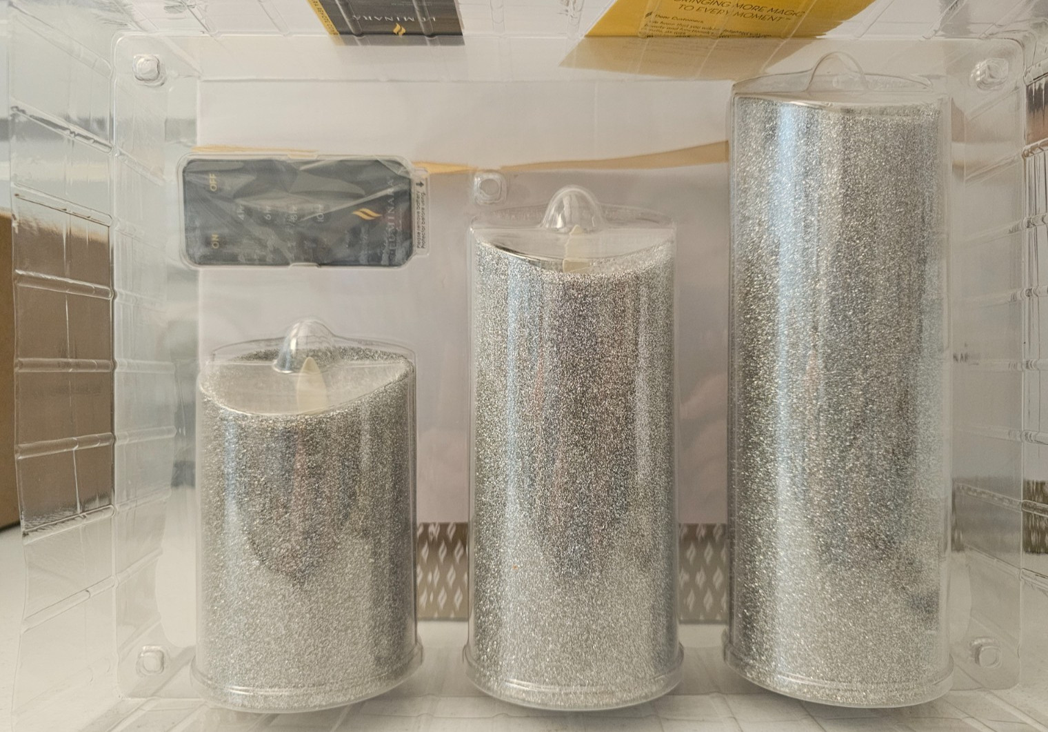 Luminara Silver Glitter 3 Pillar Candle Set Remote Control 5″, 7″ and 9″ X 3″