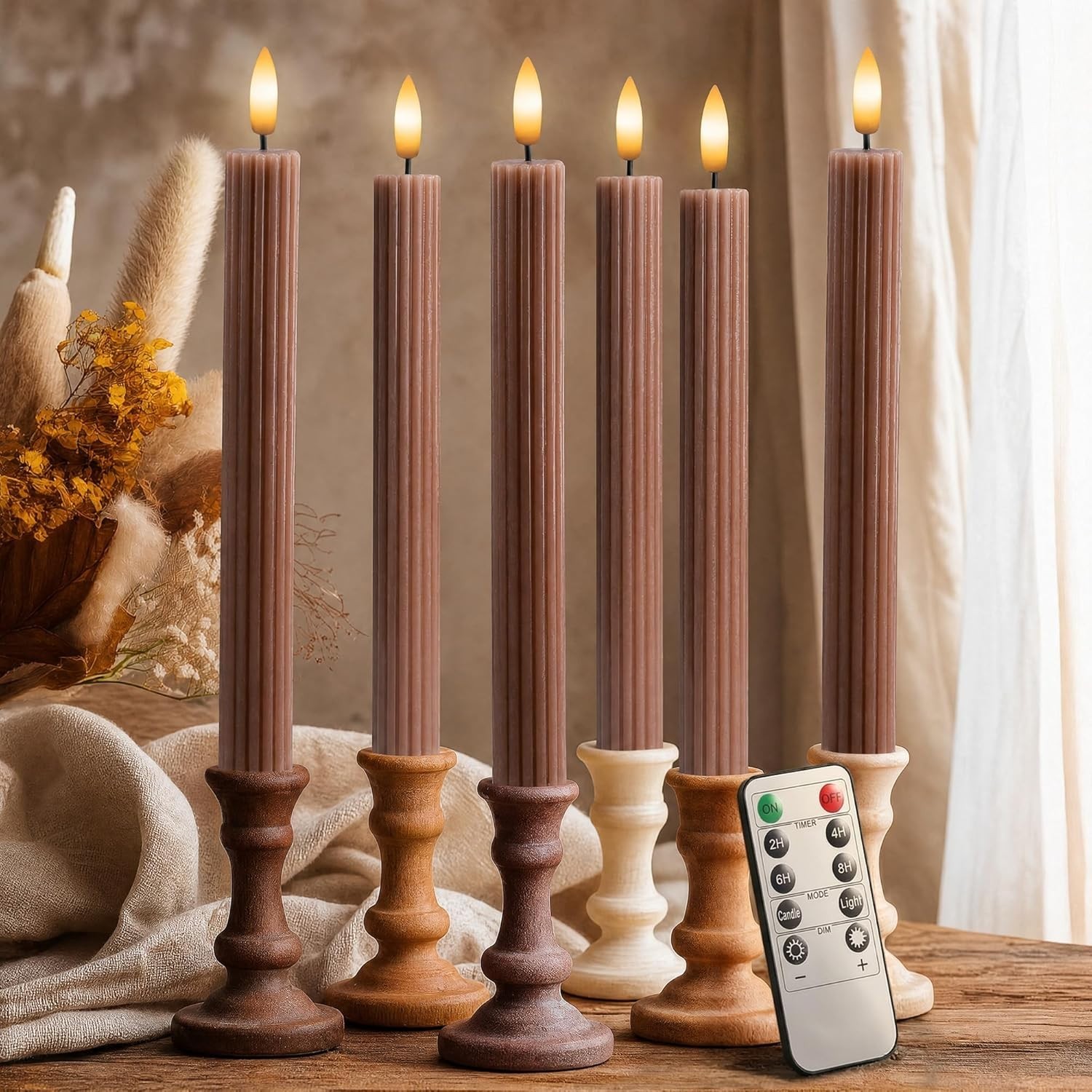 6 Pack 10″ Dimmable Fluted LED Candles – Real Wax, Remote & Timer Functions