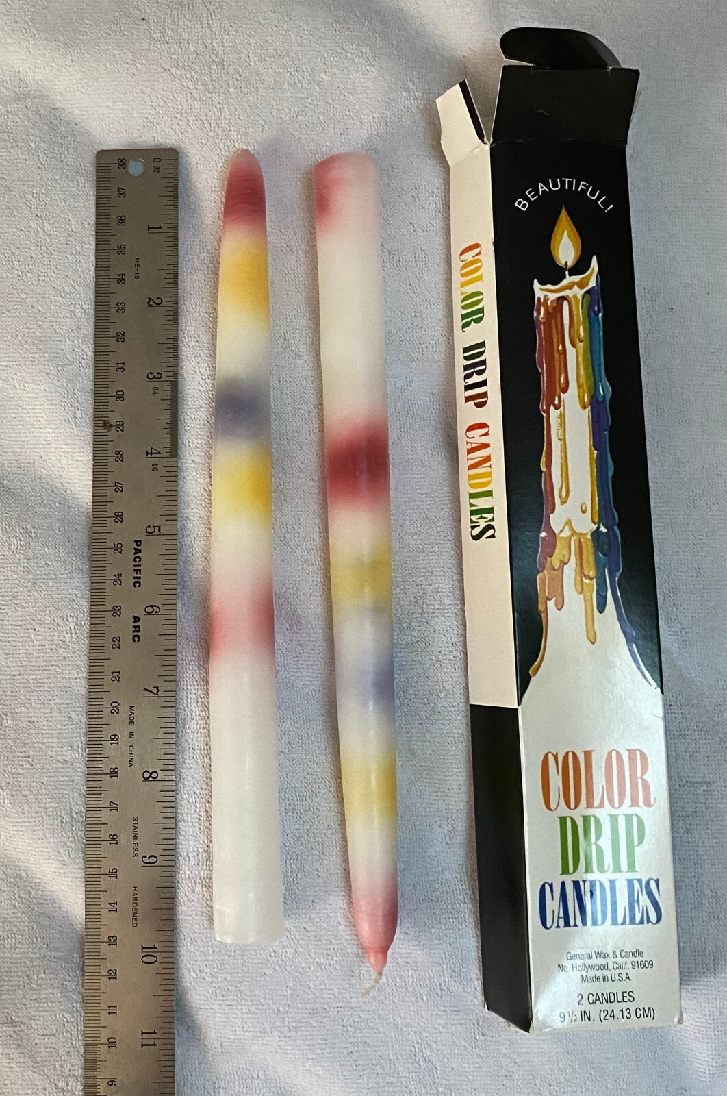 2 Per Pack Rainbow Multi Wax Color Drip Candles 9 1/5 ” Tall Vintage New