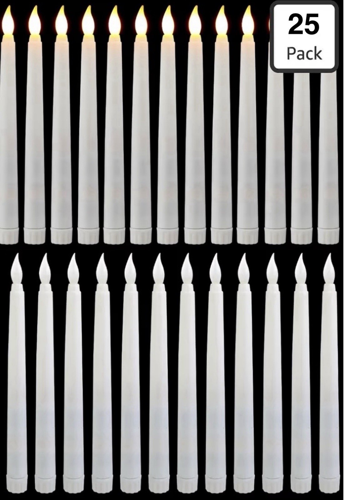 25pcs 9.7inch White Flameless Taper Candle Sticks LED Flickering Needs 2AAA Each