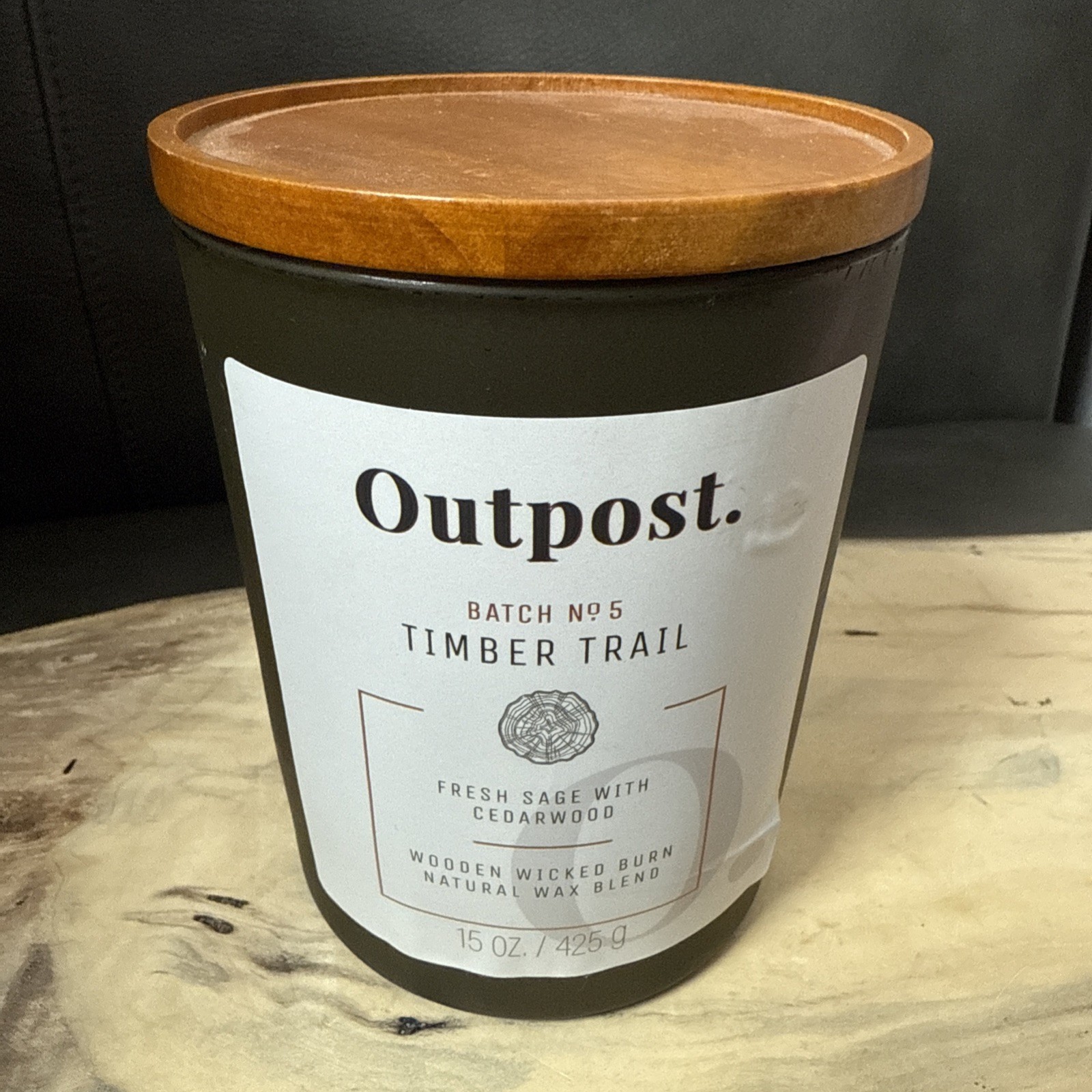 OUTPOST Timber Trail Candle 15 OZ Forest Green Glass Jar Wood Lid Wood Wick USED