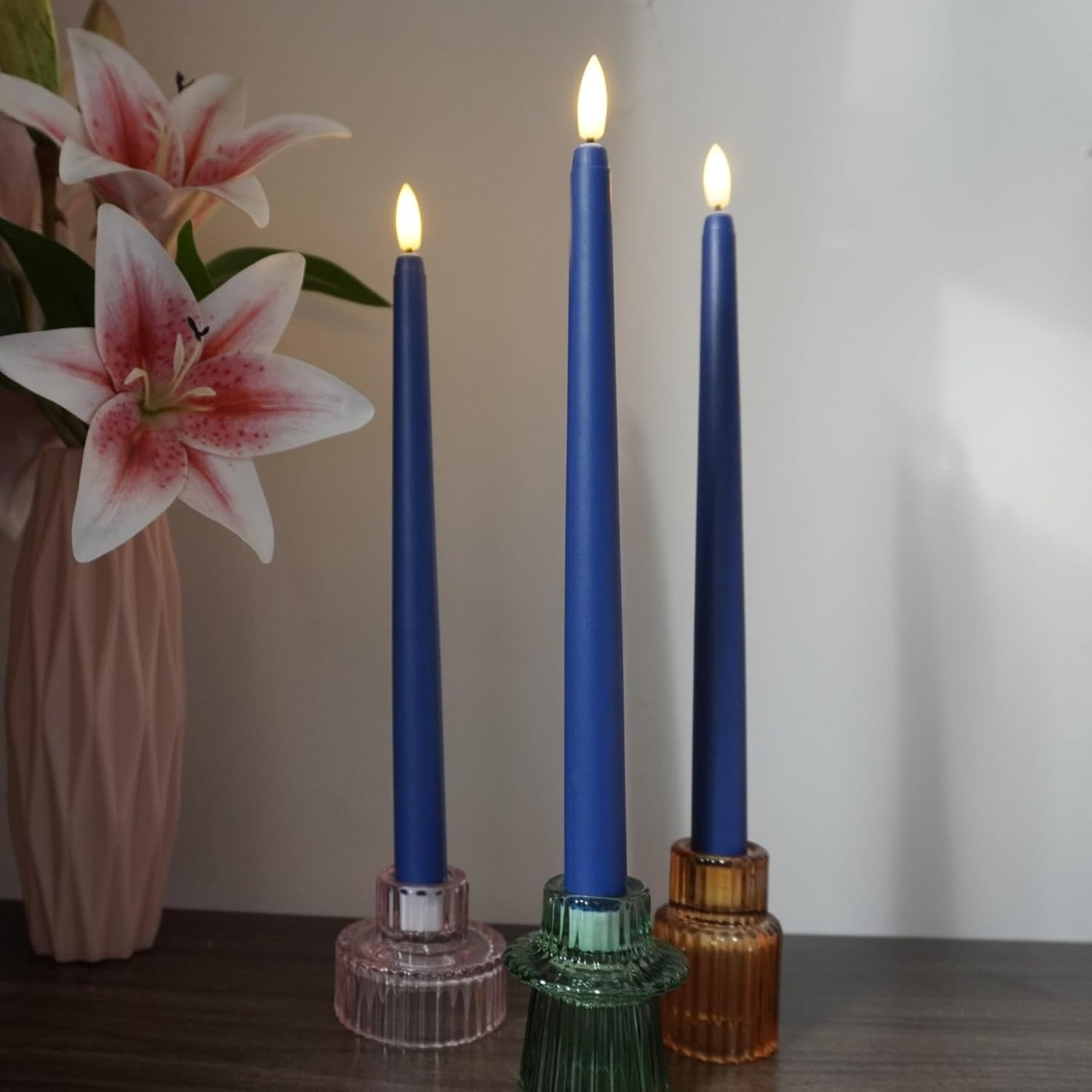 Navy Blue Flameless Taper Candles with Remote, Flickering Battery Powered LED Ca