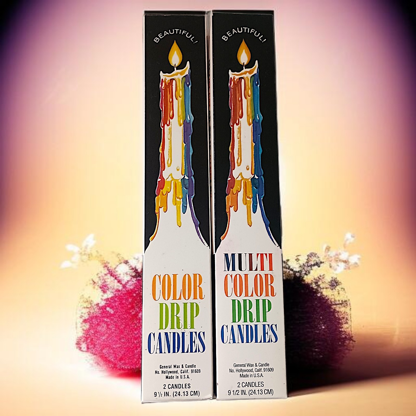 4 Vtg Color Drip Candles Wine Bottle Decor Multicolor NEW 2 In Each Box 70s 9.5″