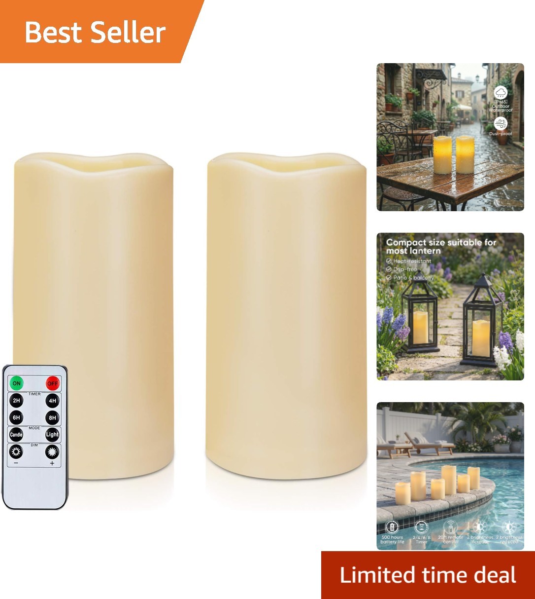 Flickering LED Pillar Candles Outdoor & Indoor Use – 2-Pack with Timer & Remote