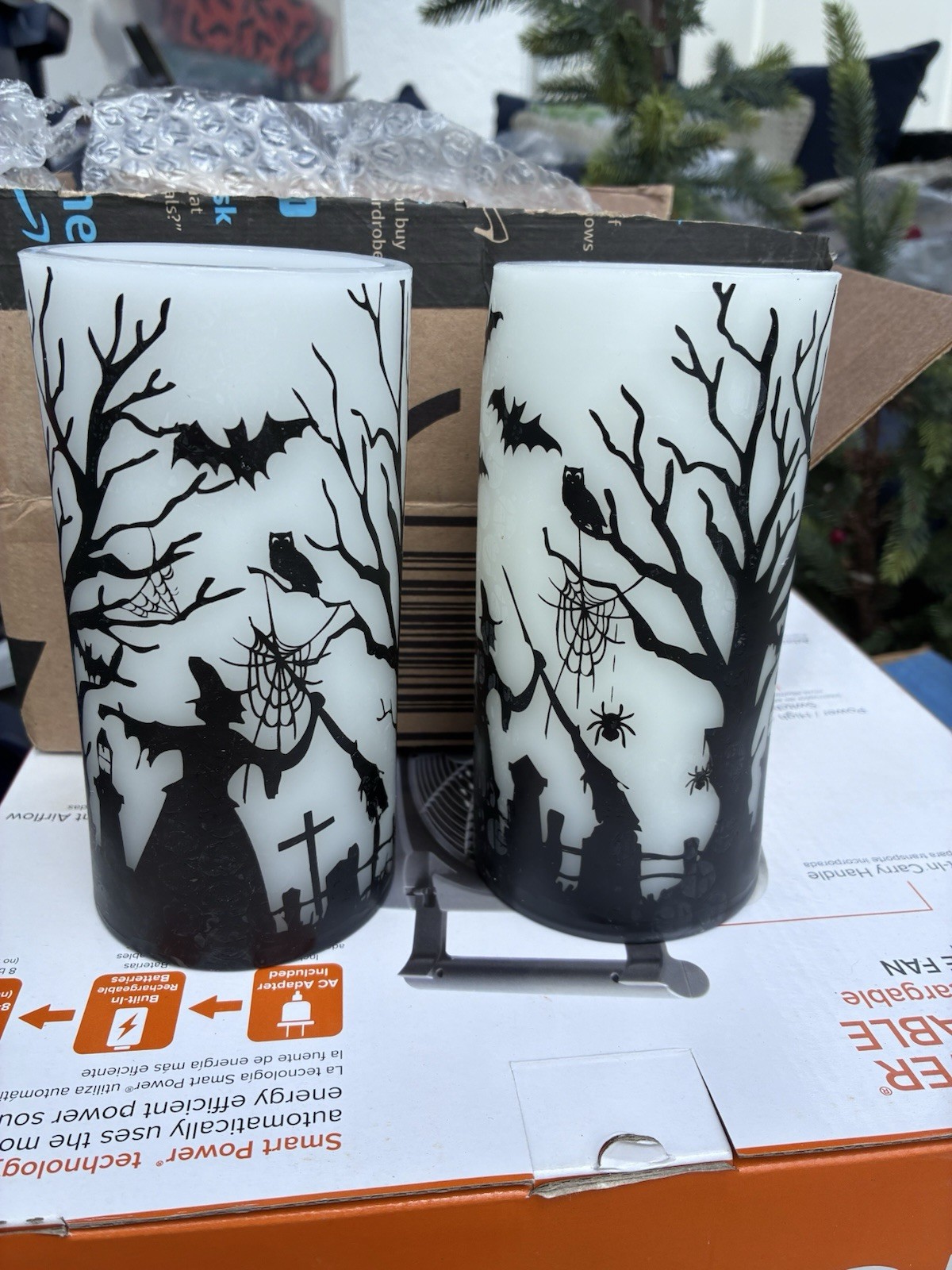 2 Pack Halloween Flameless LED Pillar Candles Large Black/White AAA Battery
