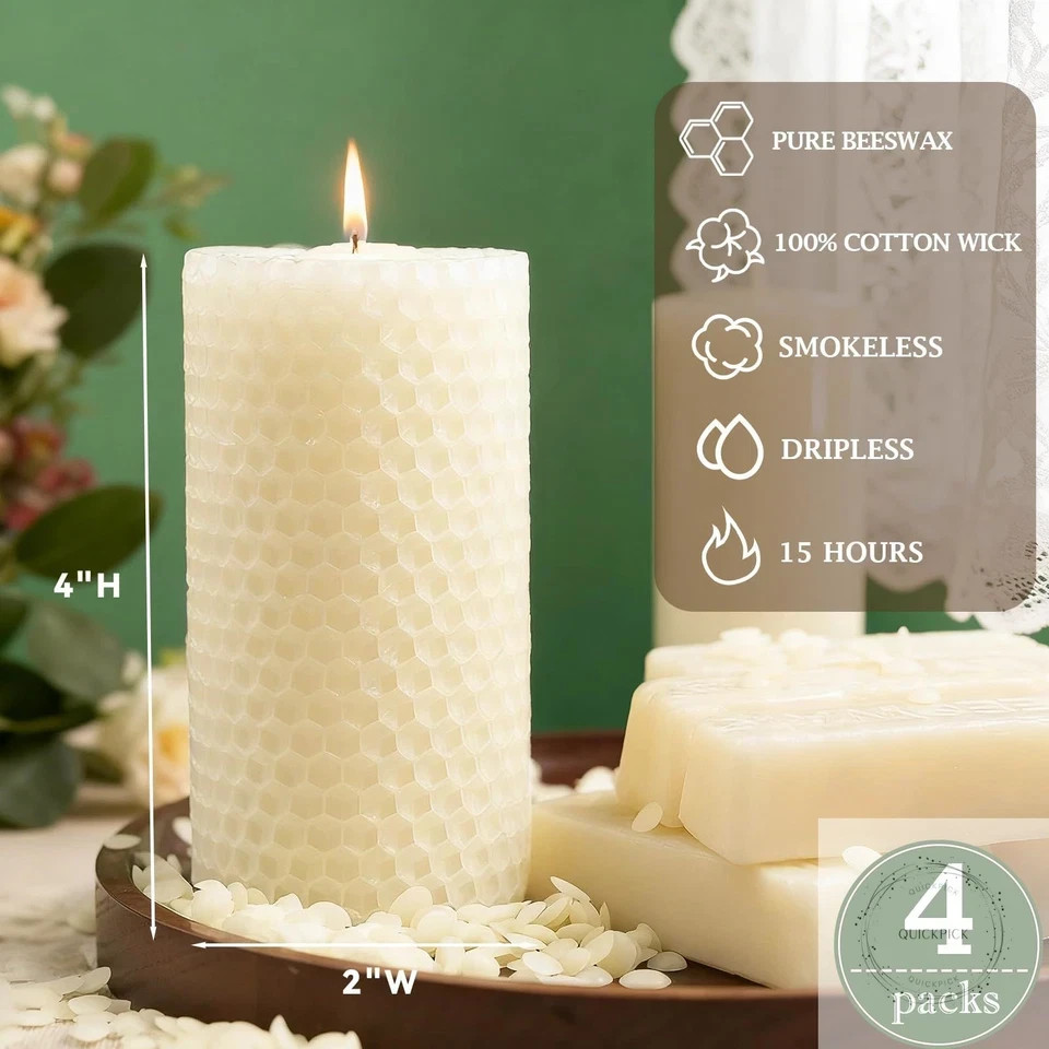 White Hand-Rolled Beeswax Candles, 4 Packs, 2×4 Inch White Honeycomb Pillar Cand