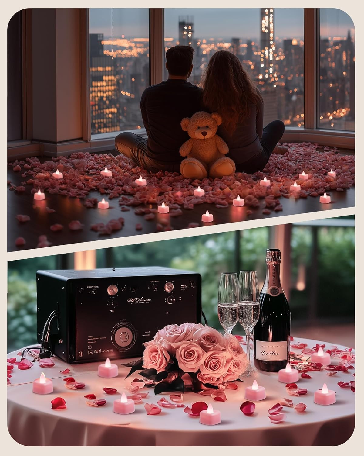 1000 Pieces Pink Artificial Rose Petals with 12 Pink Heart LED Tea