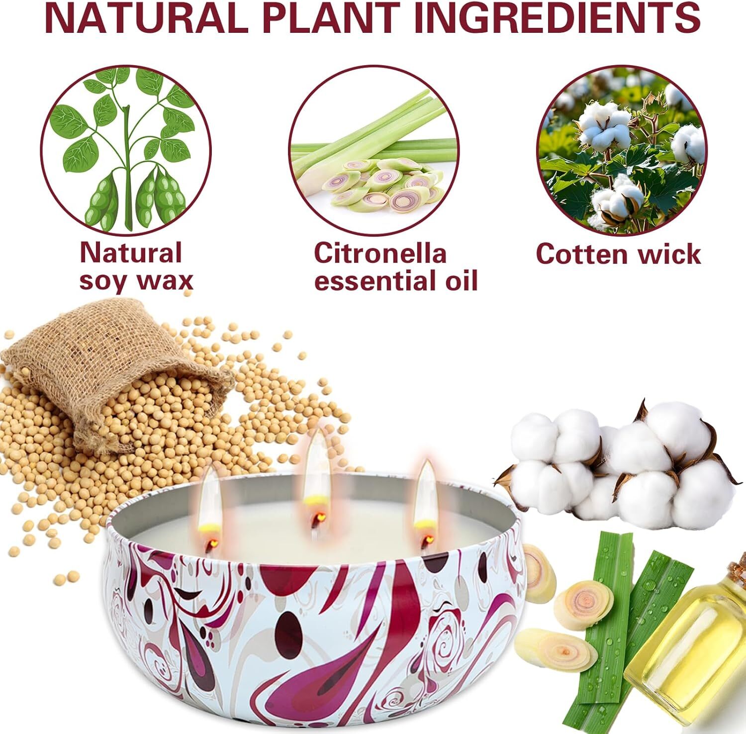 Outdoor Citronella Candle, Large 3 Wick Citronella Candle, Natural Soy Wax