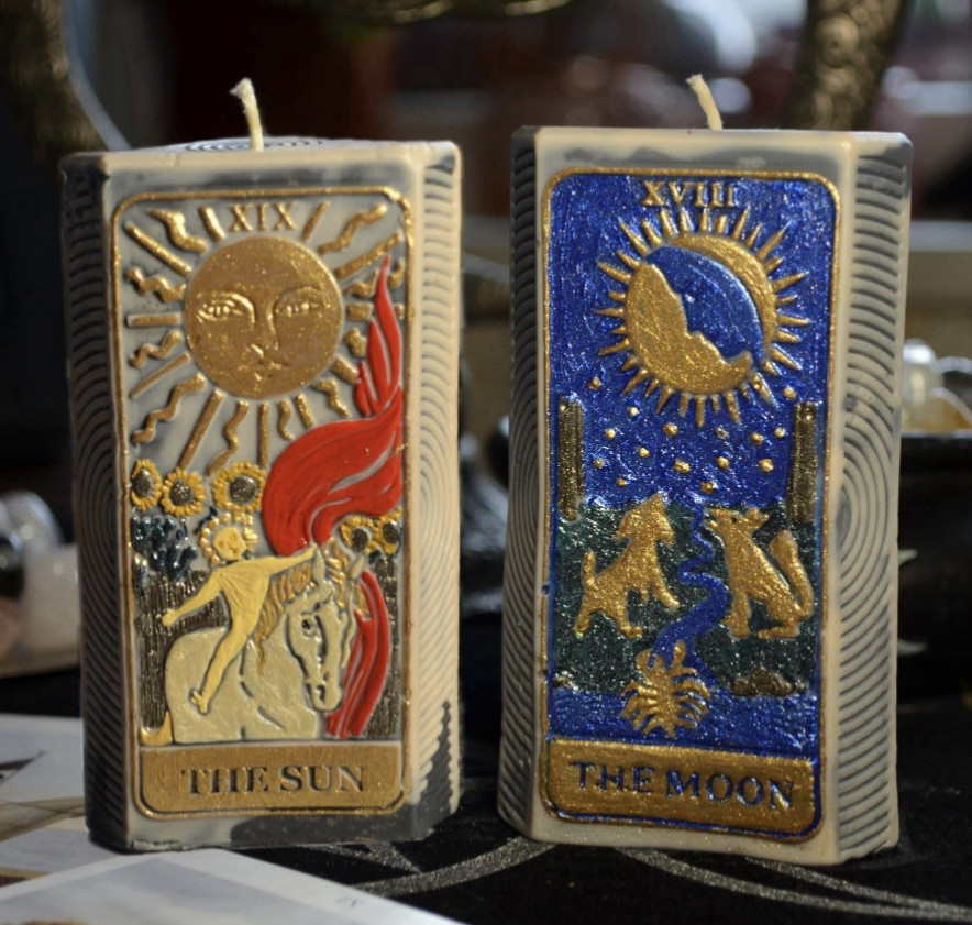 Esoteric Tarot Candle Set Sun XIX & Moon XVIII Light Shadow Balance Ritual Decor