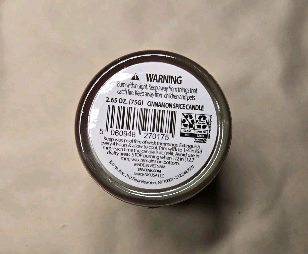 Beautyspace Cinnamon Spice Holiday Scented Candle 75G 2.65oz. Wonderful In Box