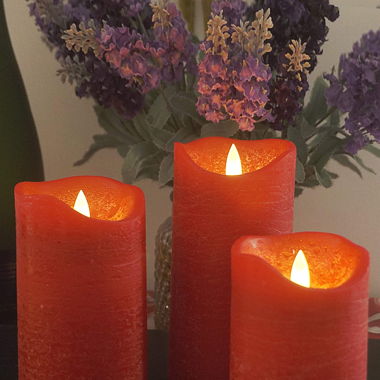3 PCS Red Real Wax Flameless LED Pillar Candle 3Dx4/5/6 Inch Remote Timer