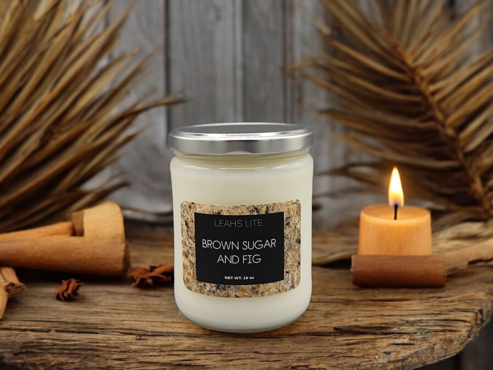 Wood Wick * BROWN SUGAR & FIG * SCENTED Leah’s Lite CANDLE * 16oz