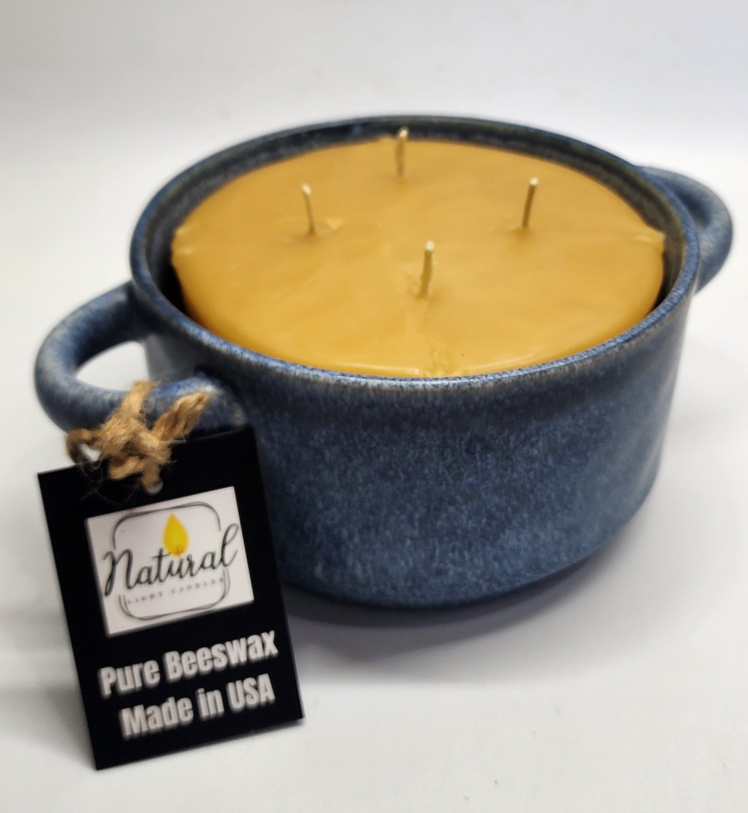 Very large 4 wick beeswax candle 5″ wide in reusable ceramic pot