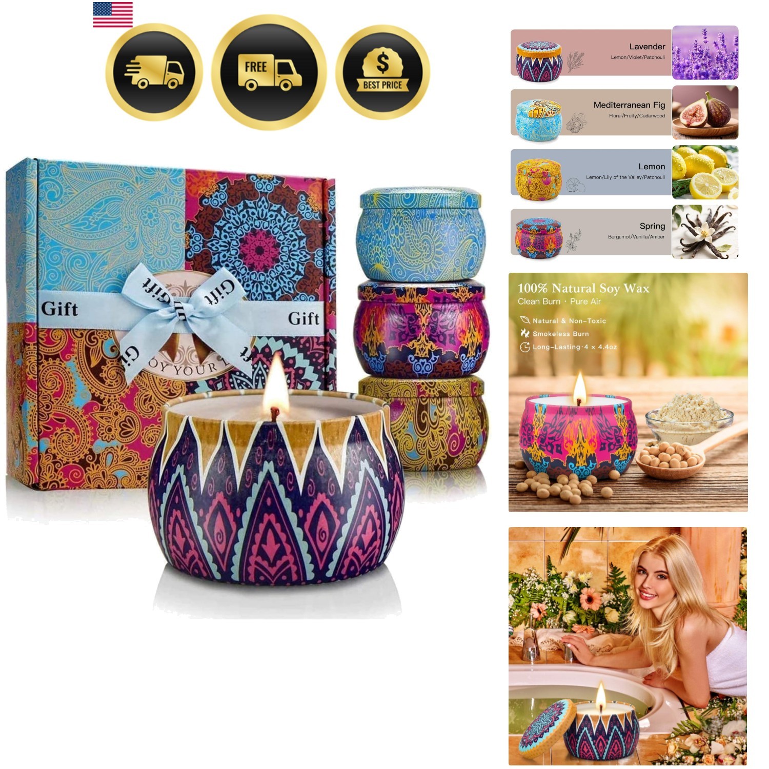 Candles Gift Set for Women, 4 Pack Scented Candles with 8% Essential Oils, 12…