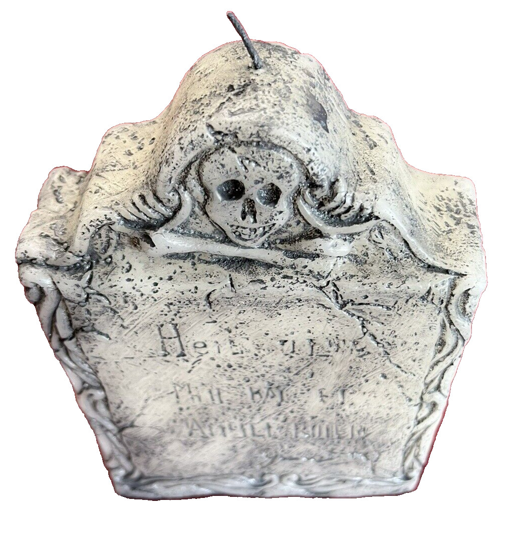 Large Vtg Halloween Tombstone Candle Skull & Bones Gothic Gray Wax Decor 8″ New