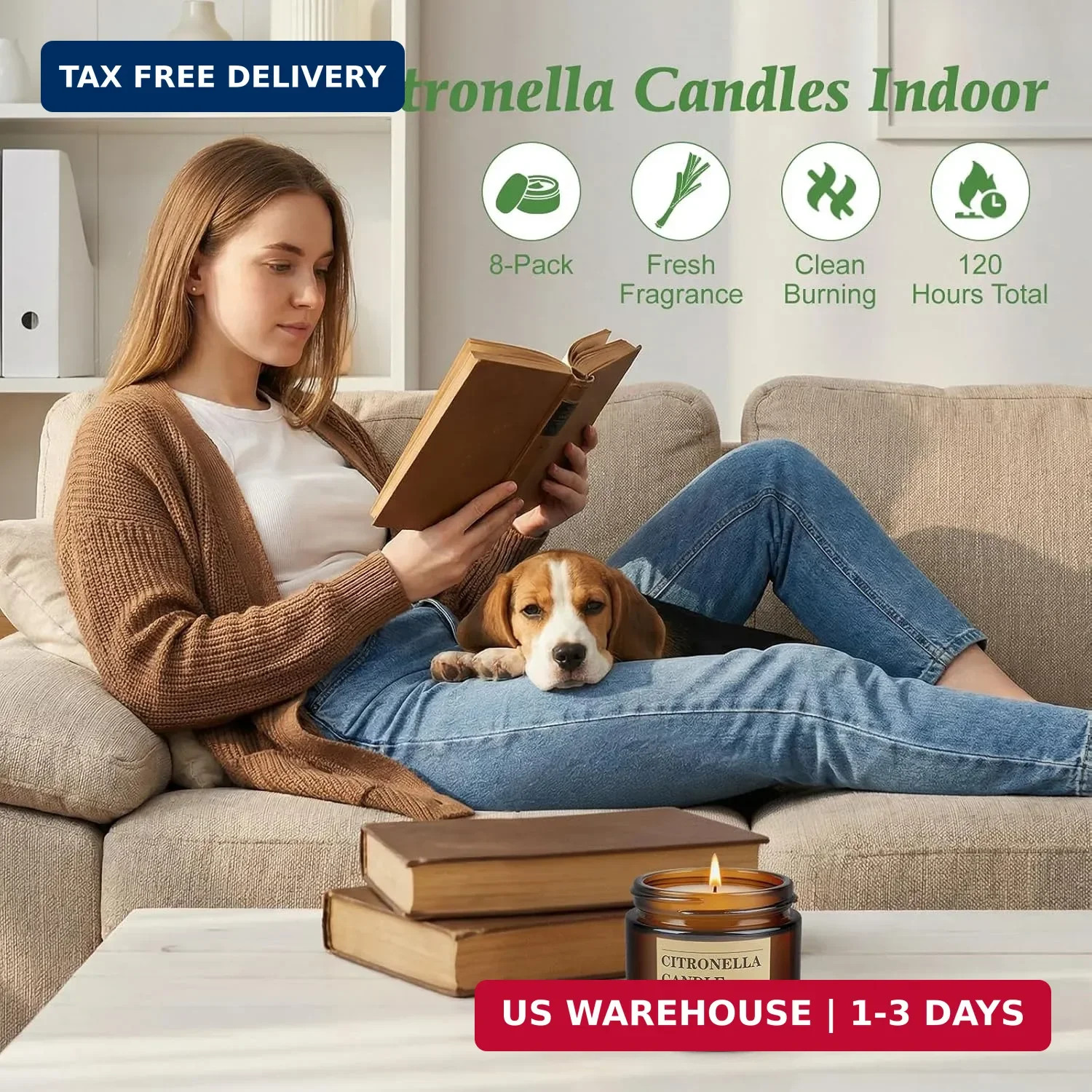 8 Pack Citronella Candles Outdoor Soy Wax Glass Jar 120Hr Burn Time