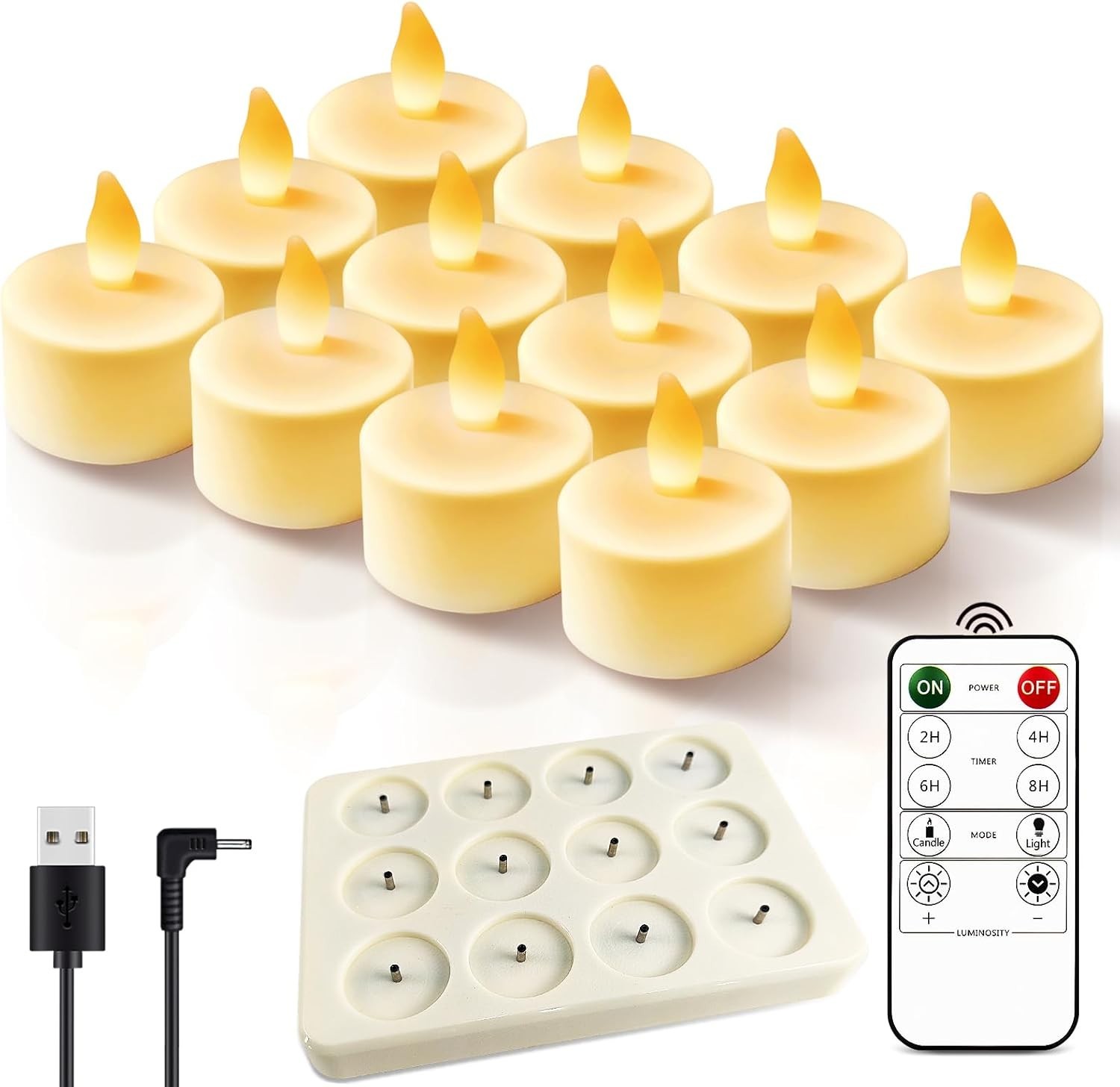 12pcs LED Rechargeable Tea Lights with Remote Timer and USB Charging Base Fla…