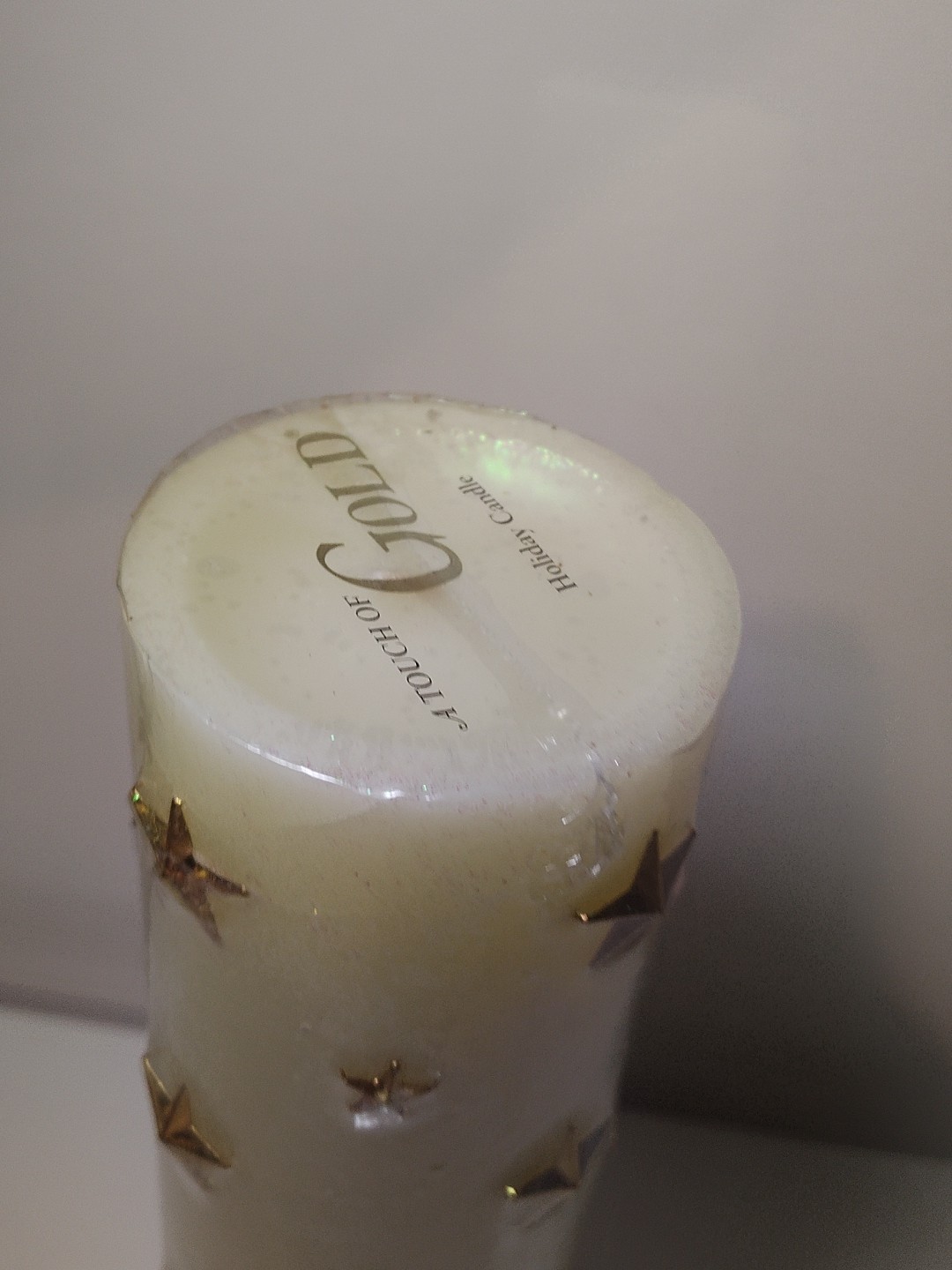 Vintage “A Touch of Gold” Wax Pillar Candle Glitter Cream Gold Stars 9.25″ New