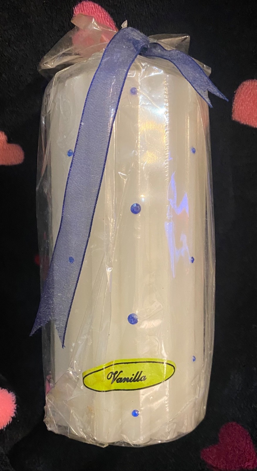 NIP Cream&Blue Bling Pillar Candle Bridal Jewel Vanilla Boho 6in Cotton Wick VTG