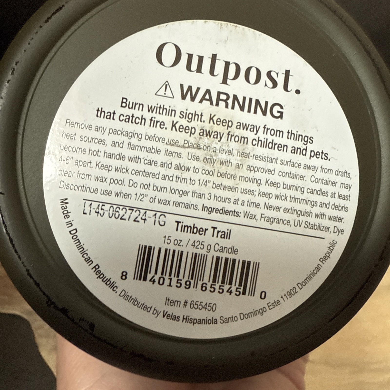 OUTPOST Timber Trail Candle 15 OZ Forest Green Glass Jar Wood Lid Wood Wick USED