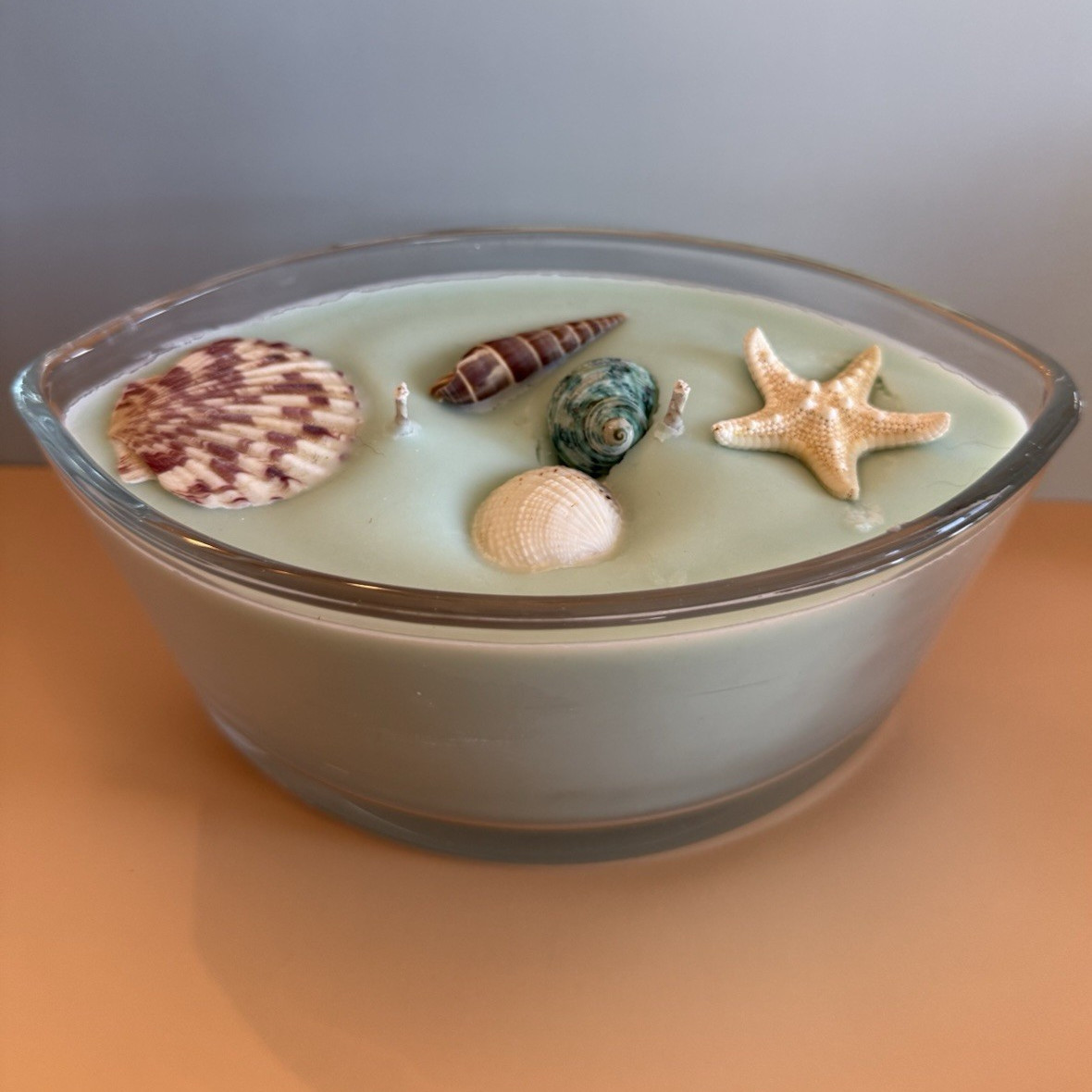 Light Blue Oval Glass Jar/Container Wax Candle, Scented, Sea Life Beach Decor