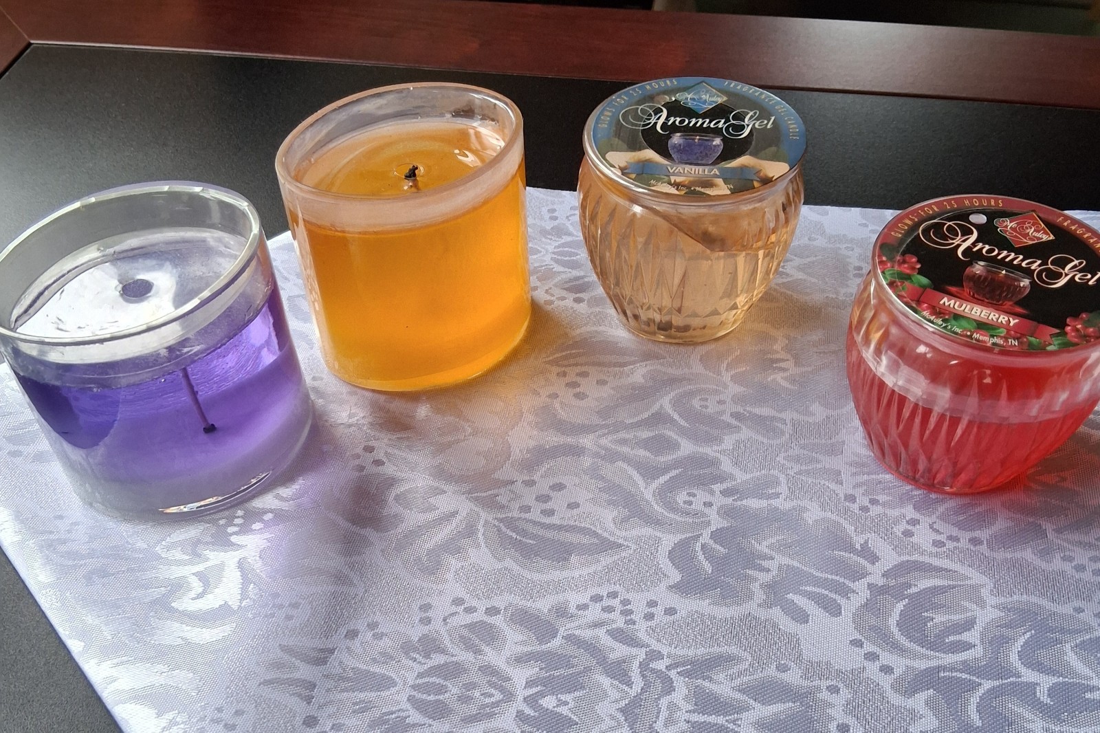 Gel Candle Lot of 4 McAuley’s Vanilla and Mulberry, Purple and Yellow Oval 3″